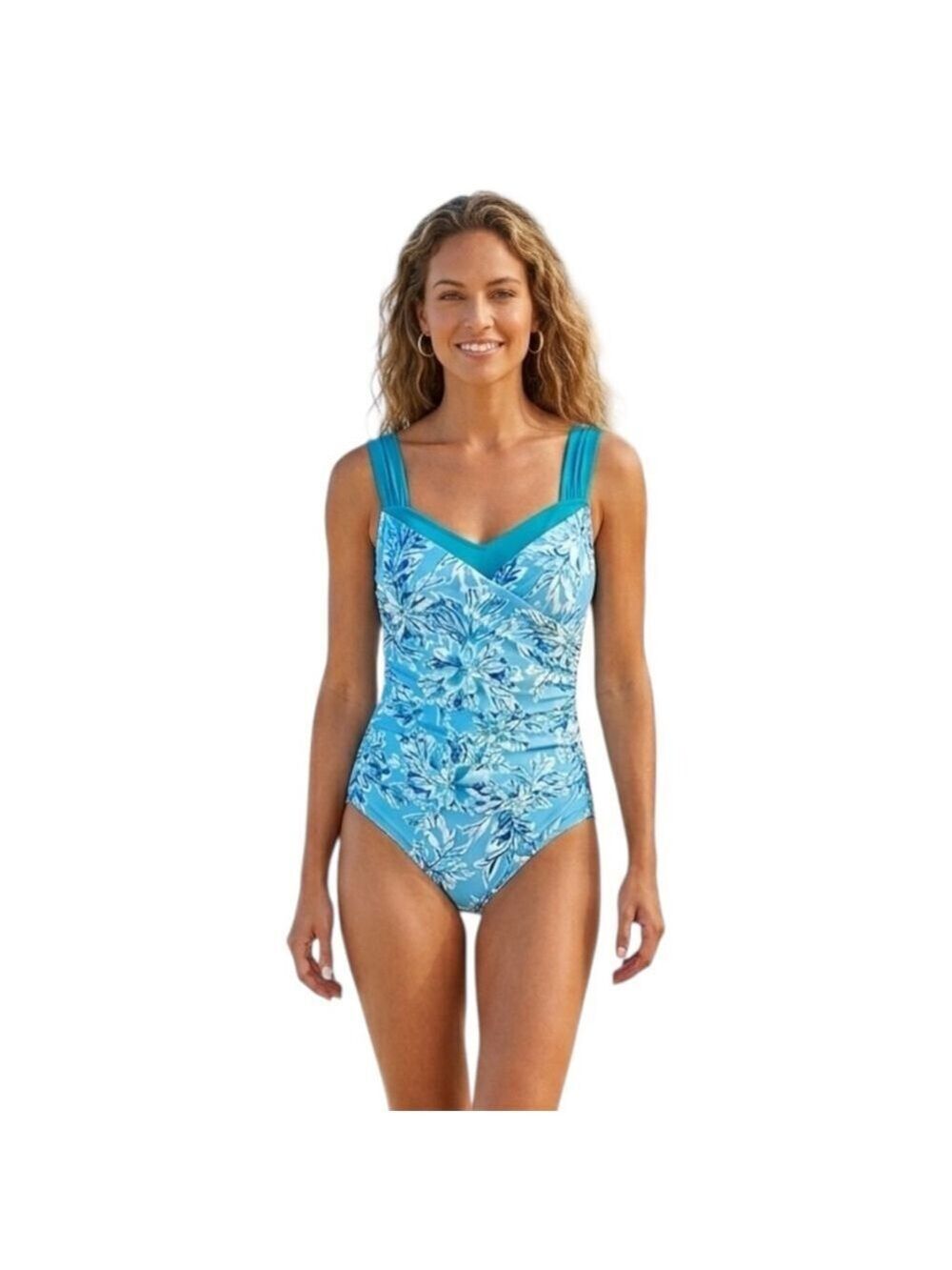Blue Floral One Piece Swimsuit Tummy Control Ruched V Neck S NWOT